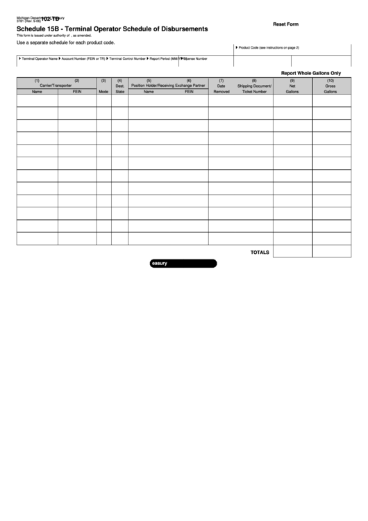 Fillable Form 102-Td - Schedule 15b - Terminal Operator Schedule Of Disbursements Printable pdf