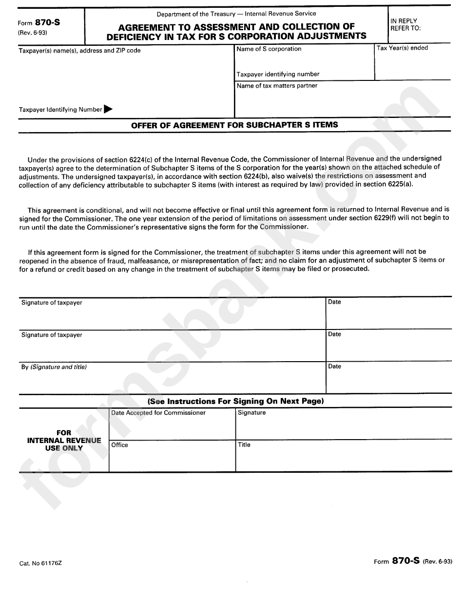 Form 870-S - Agreement To Assessment And Collection Of Deficiency In Tax For S Corporation Adjustments