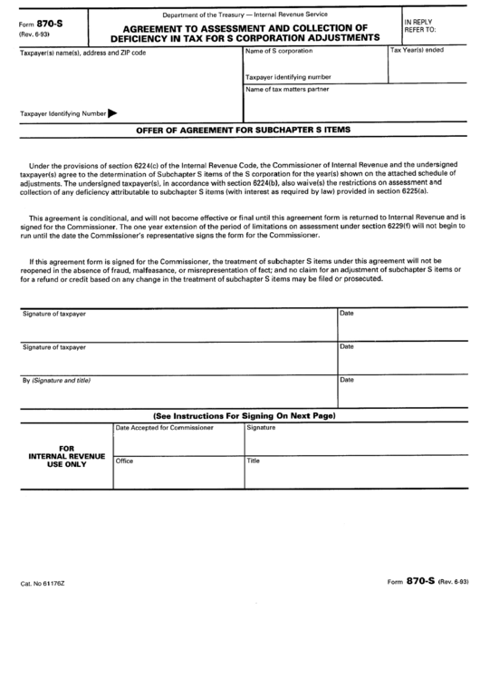 Form 870-S - Agreement To Assessment And Collection Of Deficiency In Tax For S Corporation Adjustments Printable pdf