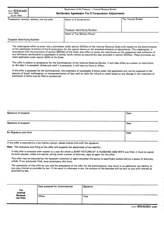 Form 870-S(Ad) - Settlement Agreement For S Corporation Adjustments - 1988 Printable pdf