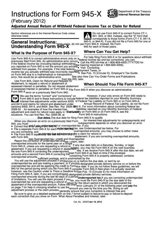 Instructions For Form 945-X - Adjusted Annual Return Of Withheld Federal Income Tax Or Claim For Refund - 2012 Printable pdf