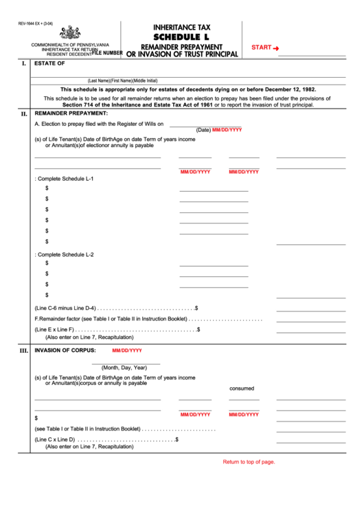 Fillable Form Schedule L Inheritance Tax - Remainder Prepayment Or Invasion Of Trust Principal Printable pdf