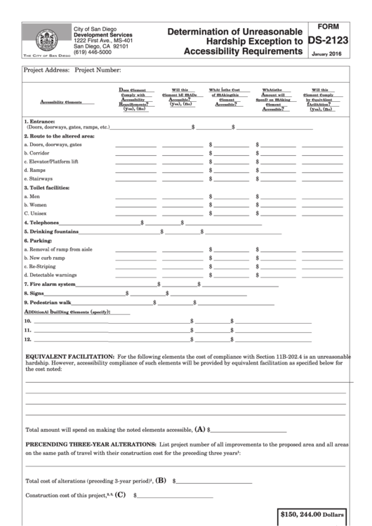 Fillable Form Ds-2123 - Determination Of Unreasonable Hardship Exception To Accessibility Requirements - City Of San Diego Development Services - 2016 Printable pdf