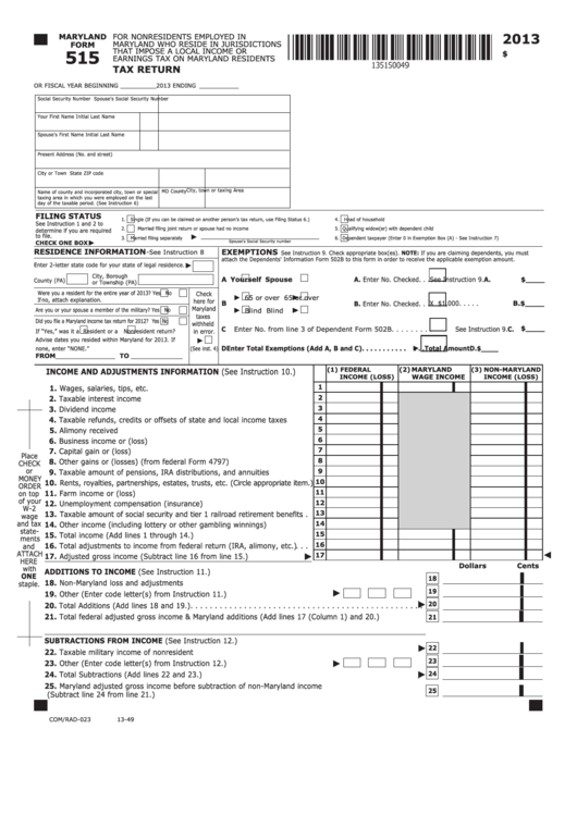 Fillable Maryland Form 515 - Tax Return - For Nonresidents Employed In Maryland - 2013 Printable pdf