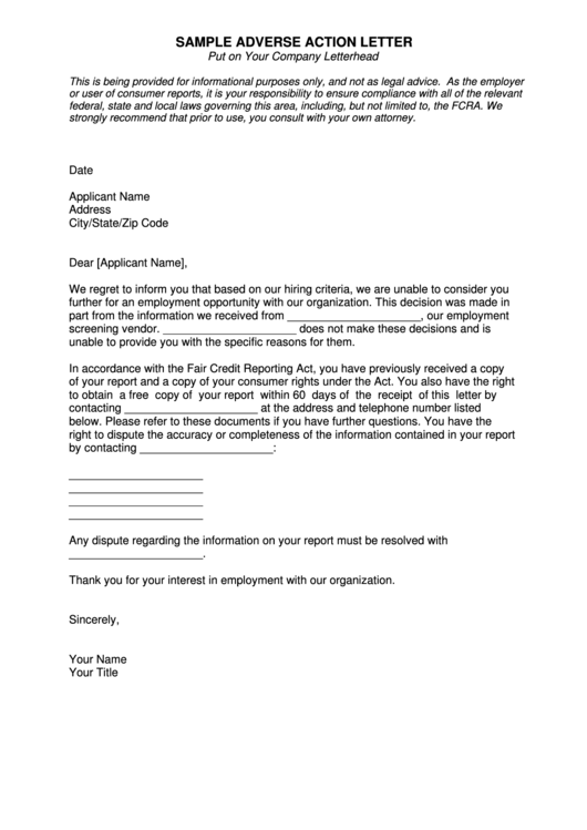 Sample Adverse Action Letter Form printable pdf download