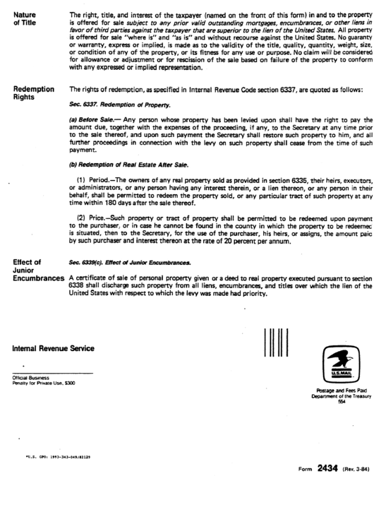 Form 2434 - Notice Of Public Auction For Sale - Internal Revenue Service - 1984 Printable pdf