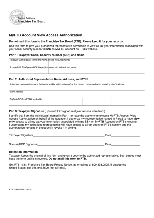 Form Ftb 743 - Myftb Account View Access Authorization - 2010 Printable pdf