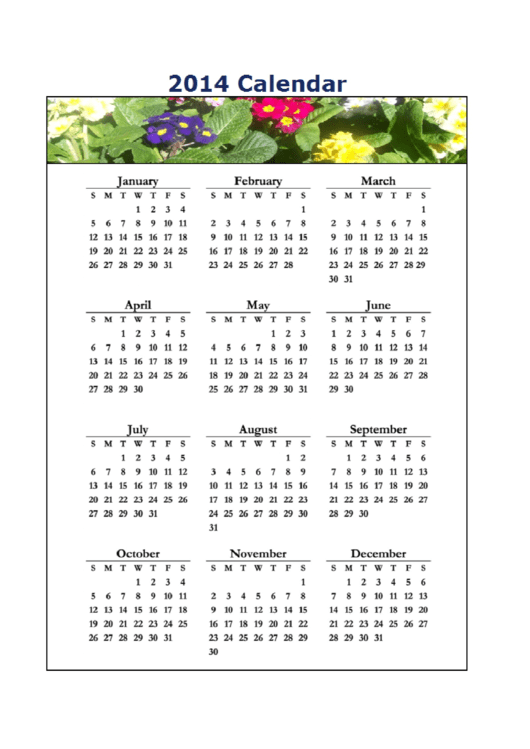 2014 Calendar Template Printable pdf