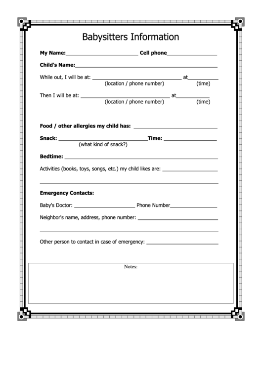 Babysitters Information Sheet Template Printable pdf