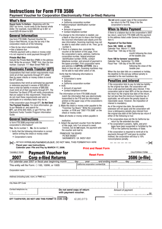 California Form 3586 (E-File) - Payment Voucher For Corporation E-Filed Returns - 2007 Printable pdf