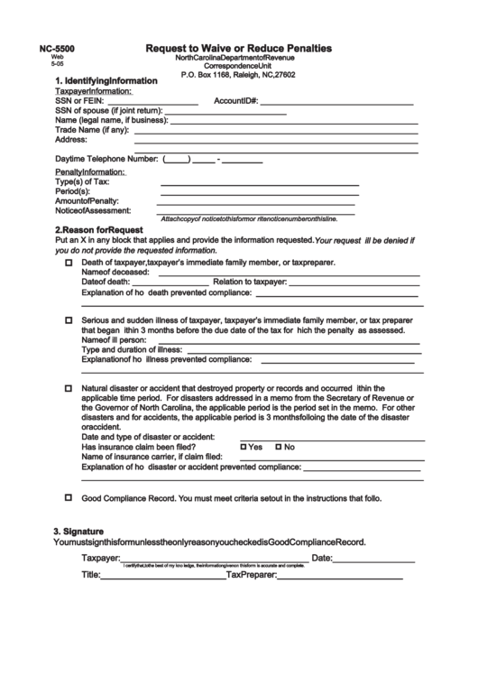 Form Nc-5500 - Request To Walve Or Reduce Penaltles - 2005 Printable pdf