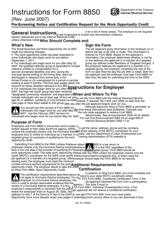 Instructions For Form 8850 (Rev. June 2007) Printable pdf