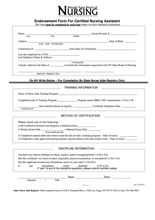 Endorsement Form For Certified Nursing Assistant Printable pdf