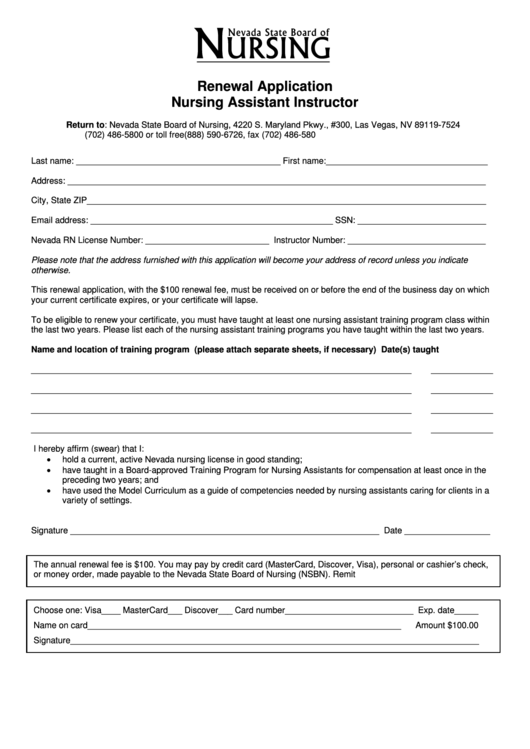 Renewal Application Nursing Assistant Instructor Form Printable pdf