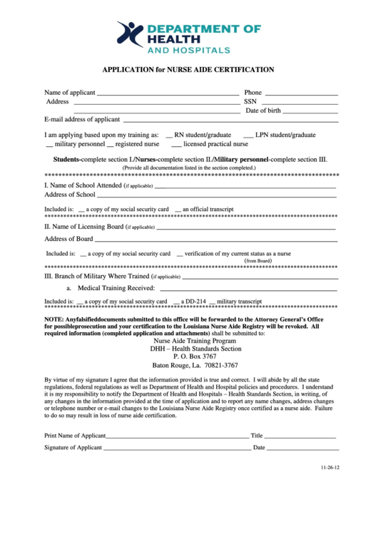 Application For Nurse Aide Certification Form Printable pdf