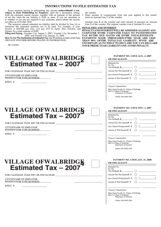 Instructions To File Estimated Tax Template - Village Of Walbridge Department Of Taxation - 2007 Printable pdf