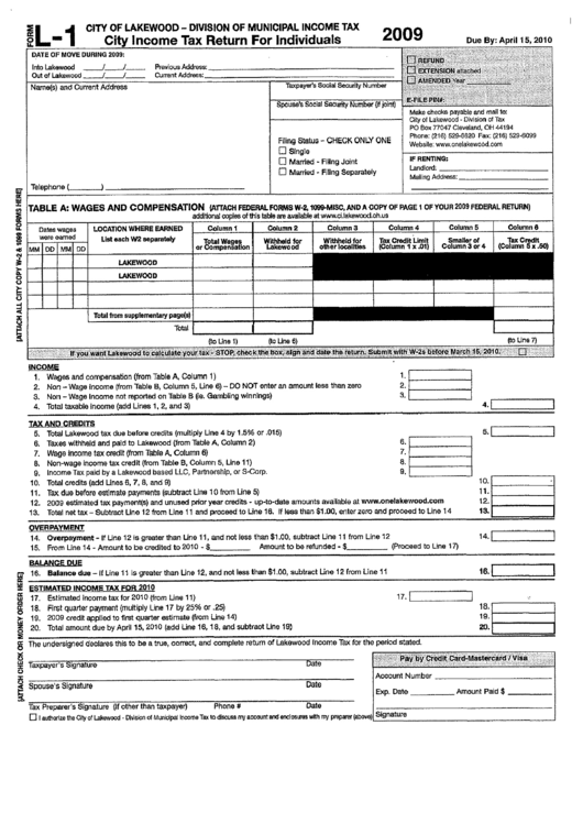 Form L-1 - Income Tax Return For Indivduals - City Oflakewood Division Of Municipal Inome - 2009 Printable pdf