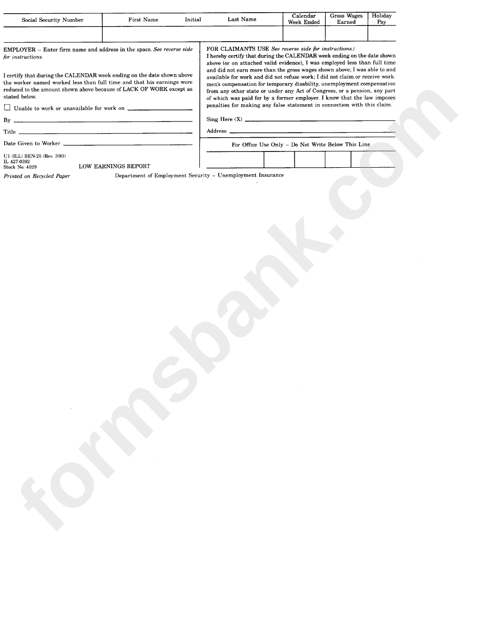 Law Earnings Report Form - Department Of Employment Security - Unemployment Insurance