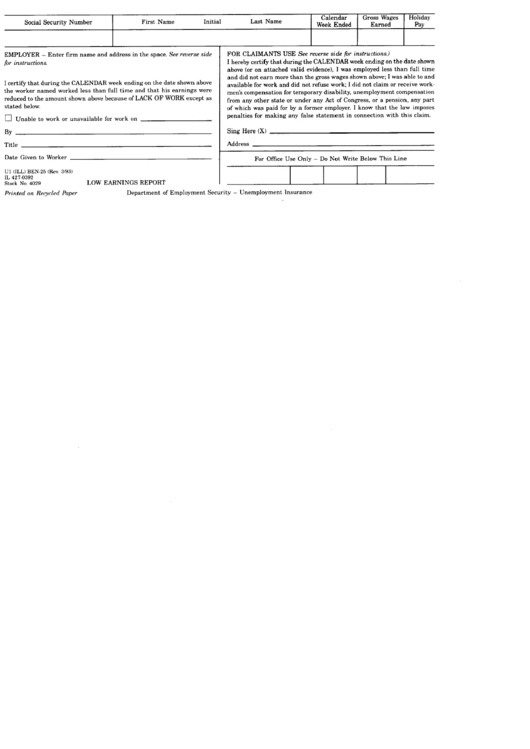 Law Earnings Report Form - Department Of Employment Security - Unemployment Insurance Printable pdf
