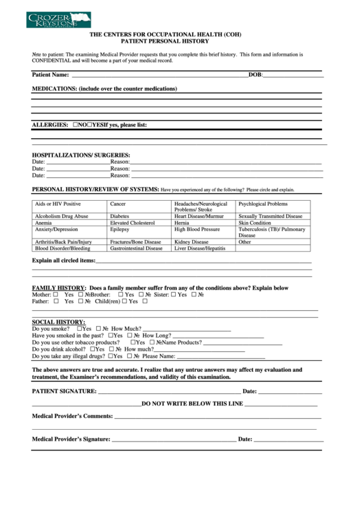 Patient Personal History Template Printable pdf