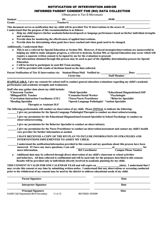 Notification Of Intervention And/or Informed Parent Consent For Rti Data Collection Form Printable pdf