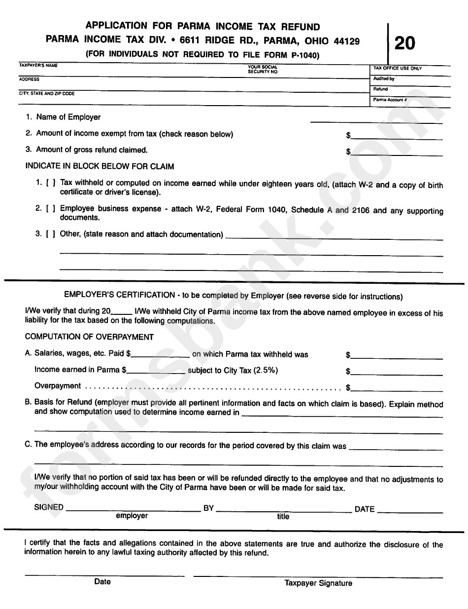 Form 20 - Application For Parma Income Tax Refund Form