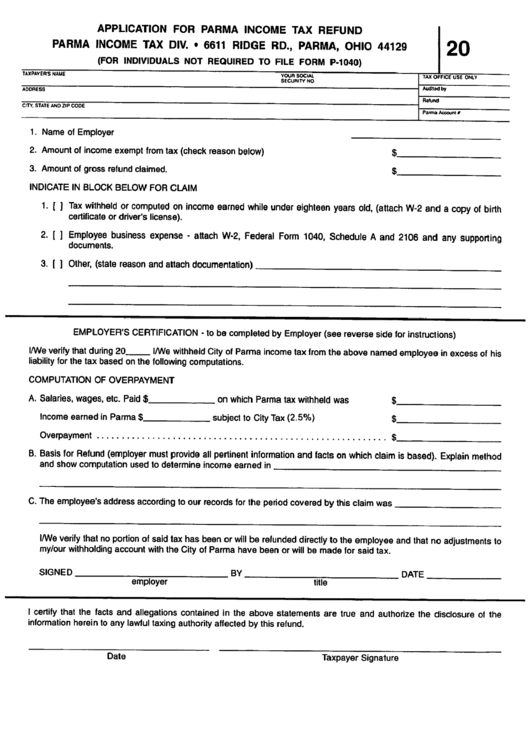 Form 20 - Application For Parma Income Tax Refund Form Printable pdf