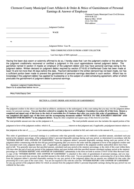 Fillable Notice Of Garnishment Of Personal Earnings & Answer Of Employer Form Printable pdf
