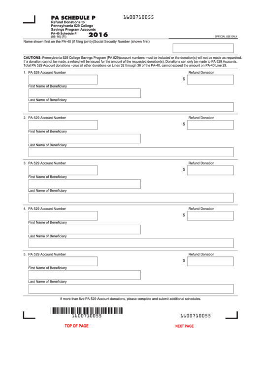 Fillable Form Pa-40 Schedule P - Refund Donations To Pennsylvania 529 College Savings Program Accounts - 2016 Printable pdf