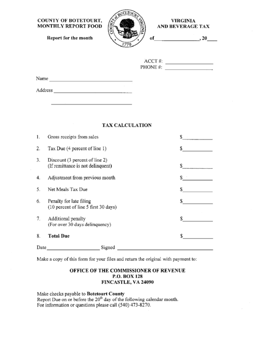 County Of Botetourt, Monthly Report Food Report Form For Month - State Of Virginia Printable pdf