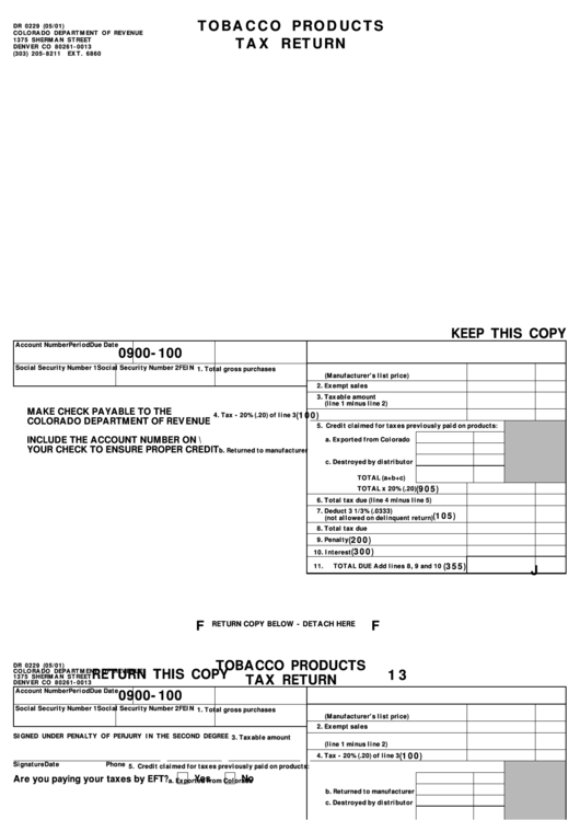 Form Dr 0229 - Tobacco Products Tax Return - State Of Colorado Printable pdf