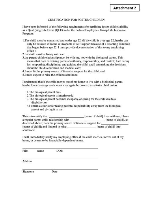 Certification For Foster Children Form Printable pdf