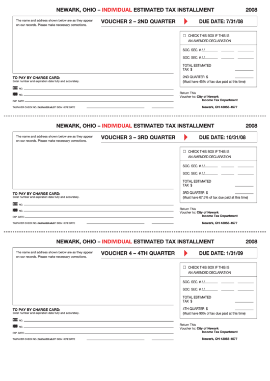 Individual Estimated Tax Installment Form - Newark, Ohio - 2008 Printable pdf