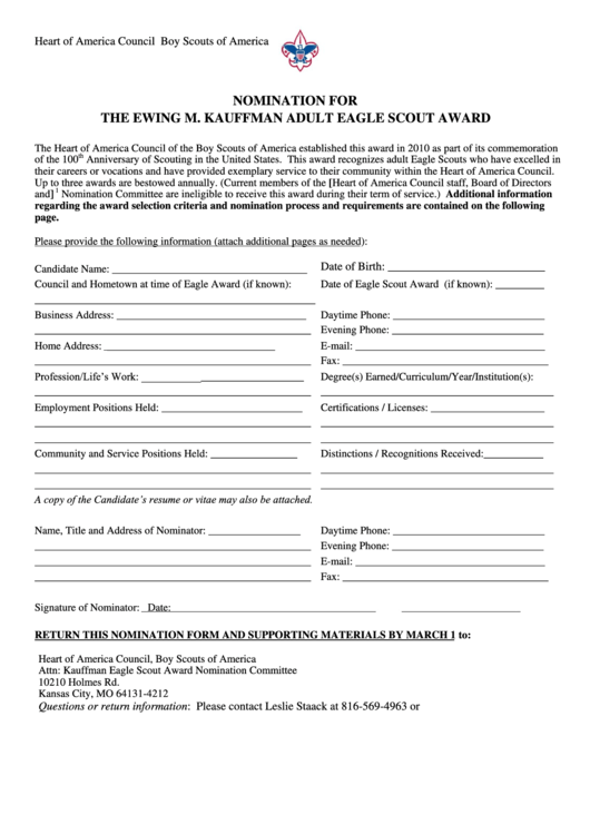 Fillable Nomination For The Ewing M. Kauffman Adult Eagle Scout Award Form - Boy Scouts Of America Printable pdf