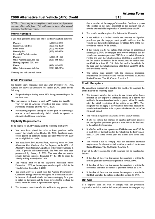 Arizona Form 313 - 2000 Alternative Fuel Vehicle (Afv) Credit Printable pdf