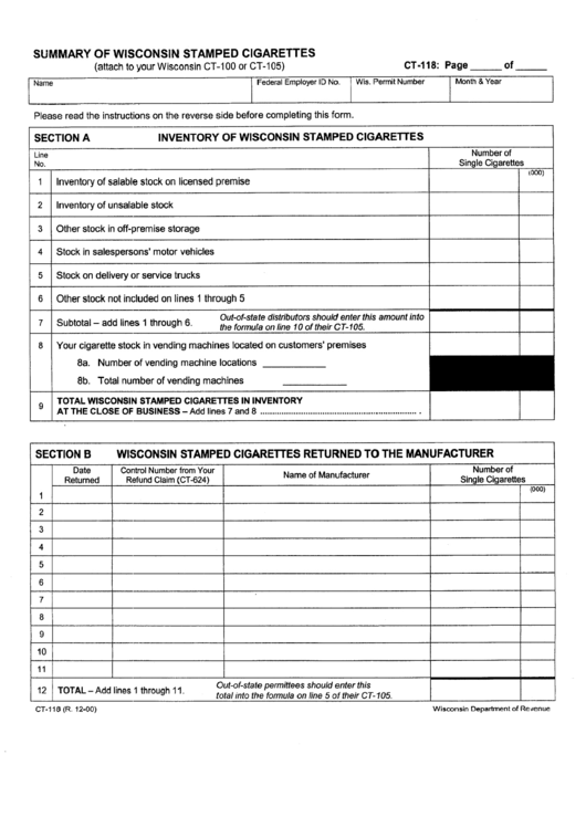 Form Ct-118 - Summary Of Wisconsin Stamped Cigarettes - Wiskonsin Department Of Revenue Printable pdf