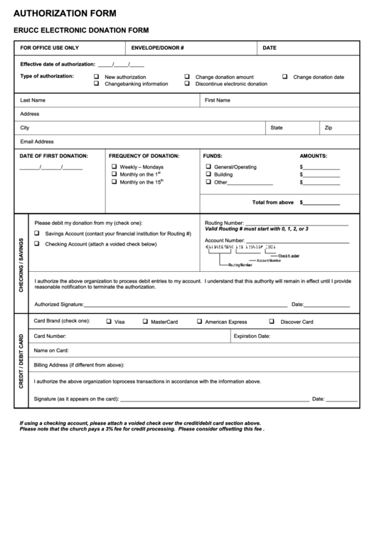Authorization Form (Electronic Donation Church Form) Printable pdf