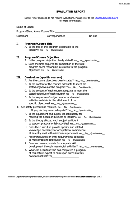 Evaluator Report Template - Colorado Department Of Higher Education Printable pdf
