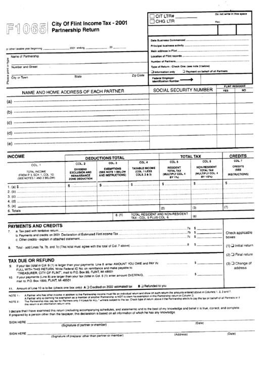 Form F1065 - City Of Flint Income Tax - 2001 Partnership Return Printable pdf