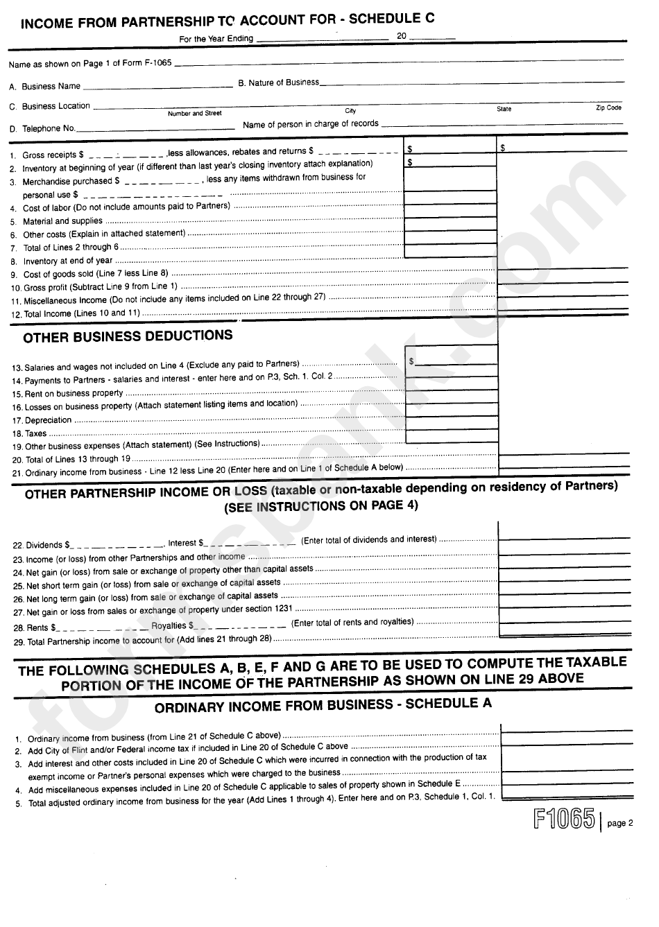 Form F1065 - City Of Flint Income Tax - 2001 Partnership Return