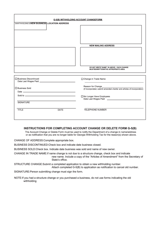 Fillable Form G-5(B) - Withholding Account Change Form Printable pdf