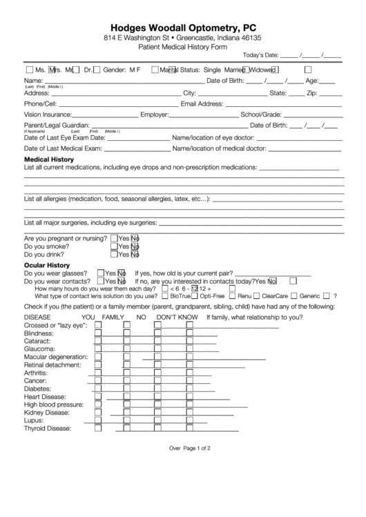 Patient Medical History Form Printable pdf