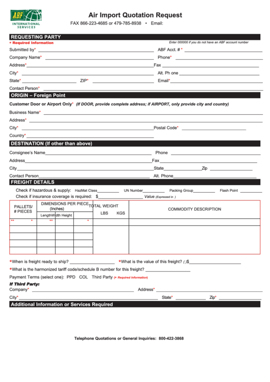 Fillable Air Import Quotation Request Form Printable pdf
