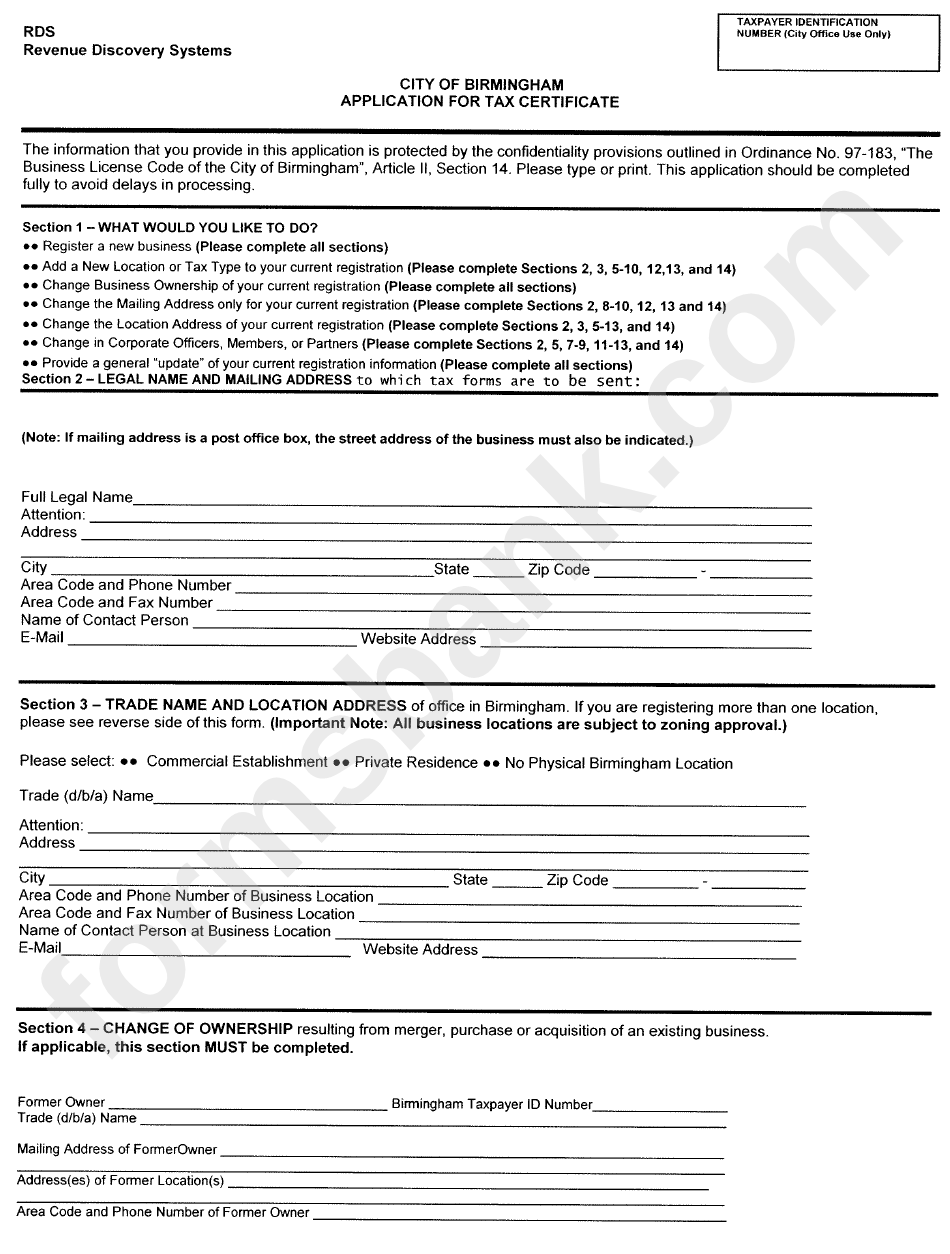 Application For Tax Certificate Form - City Of Birmingham - Alabama