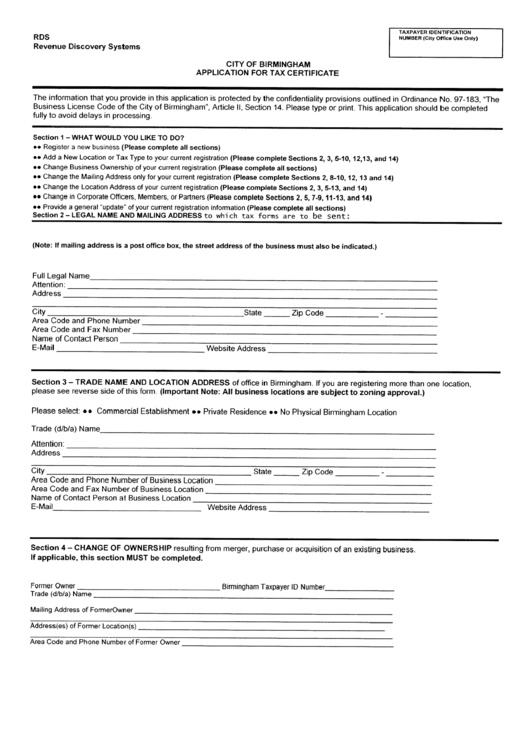 Application For Tax Certificate Form - City Of Birmingham - Alabama Printable pdf
