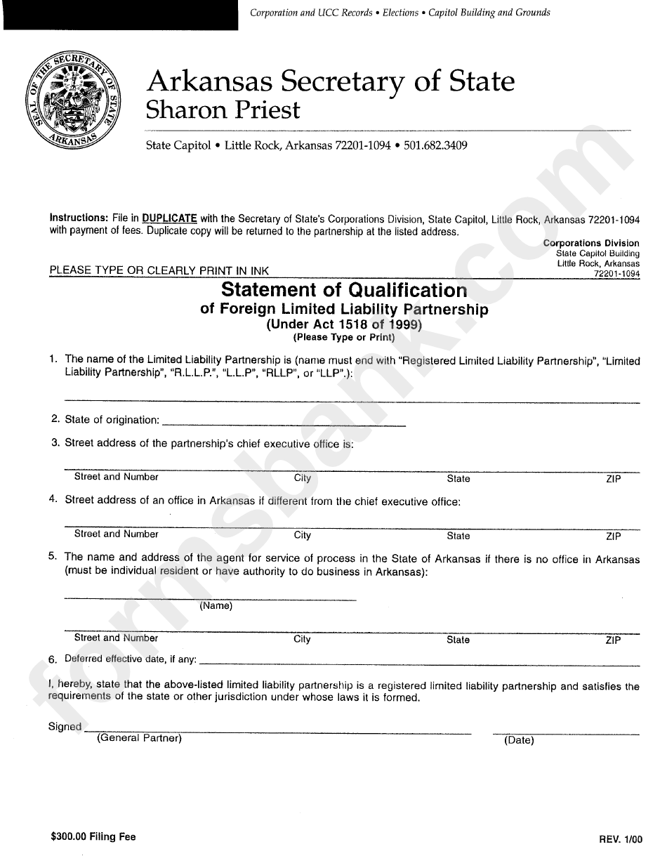 Statement Of Qualification Of Foreign Limited Liability Partnership Form - Arkansas Secretary Of State Sharon Priest