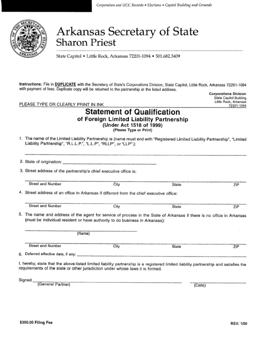 Statement Of Qualification Of Foreign Limited Liability Partnership Form - Arkansas Secretary Of State Sharon Priest Printable pdf