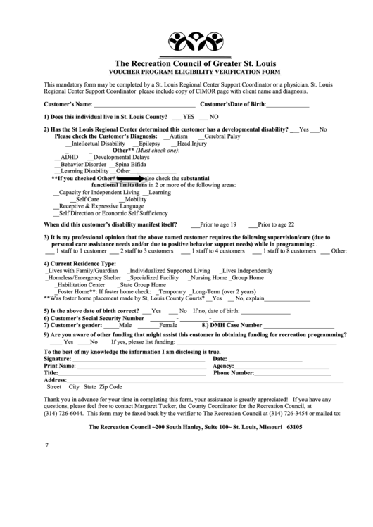 Voucher Program Eligibility Verification Form Printable pdf