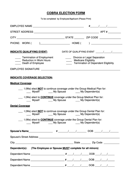 Cobra Election Form Printable pdf