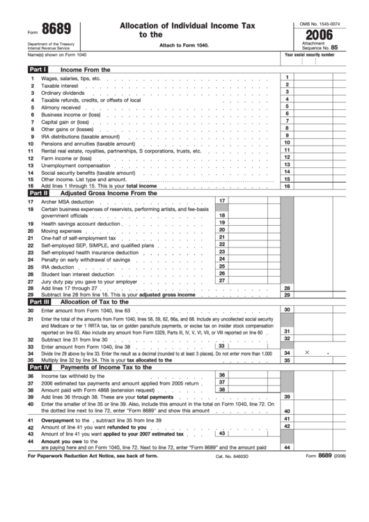 Fillable Form 8689 - Allocation Of Individual Income Tax To The U.s. Virgin Islands Form (2006) - Internal Revenue Service Printable pdf